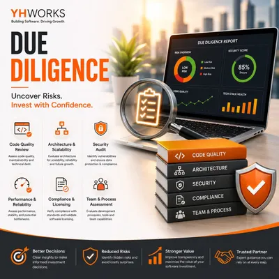 YHWorks software due diligence services covering code quality, architecture, security, and investment confidence